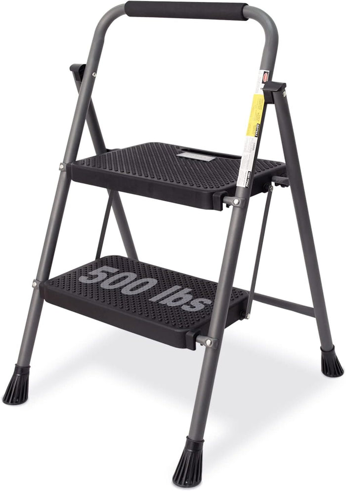 3 Step Ladder, GOLYTON Folding Step Stool with Anti-Slip Wide Pedal & Convenient Handgrip, 500lbs Capacity Steel Ladder for Household and Office, Grey