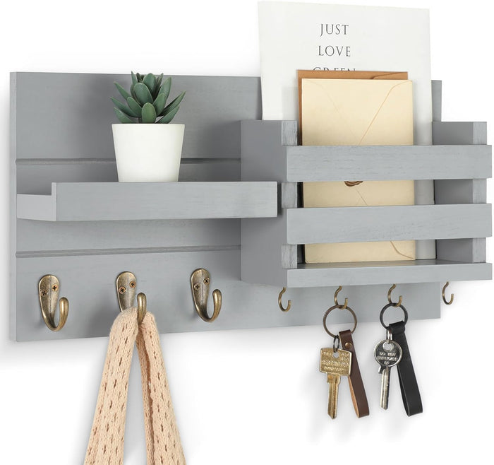 Mail Organizer for Wall Mount – Key Holder with Shelf Includes Letter Holder and Hooks for Coats, Dog Leashes – Rustic Wood with Flush Mounting Hardware (16.5” x 8.7” x 3.5”)