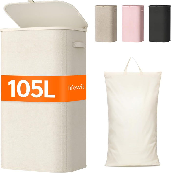 Lifewit 105L Laundry Basket with Lid, Large Laundry Hamper with Plastic Handles and Removable Bag, Foldable Tall Dirty Clothes Hampers for Laundry for Laundry Room, Bedroom, Bathroom, Dorm, Beige