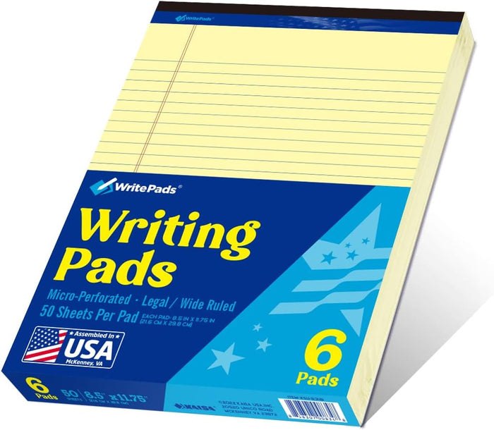 Legal Pad 8.5 x 11 Note Pad, Wide Ruled Writing Pad, White Paper, 6-Pack, 50 Sheets Per Pad, Micro-Perforated Notepad, Office Supplies (KSU-8331) - Made in the USA
