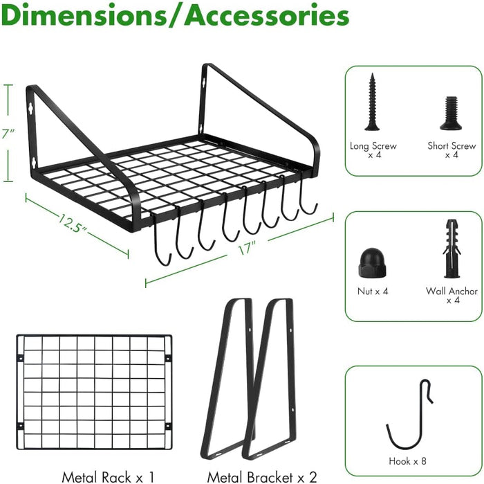 Hanging Pots & Pans Rack,Wall Mounted Pots Pans Organizer Holder Rack with 8 Hooks, Kitchen Wall Storage Organizer Hanger Shelves for Pans Set, Utensils, Cookware, Books, Household,Black