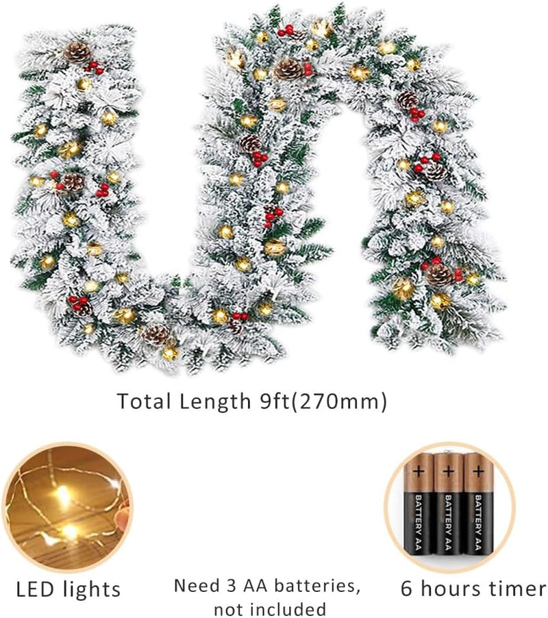 Christmas Garland with Lights,Xmas Garlands with Timer, 9ft Lighted Xmas Garland Snow for Mantle Staircase Front Door Stairs Railing Window Fireplace Winter Outdoor Home Decorations