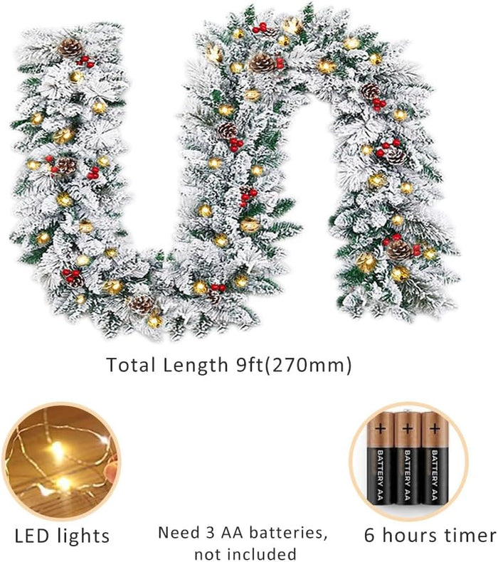 Christmas Garland with Lights,Xmas Garlands with Timer, 9ft Lighted Xmas Garland Snow for Mantle Staircase Front Door Stairs Railing Window Fireplace Winter Outdoor Home Decorations