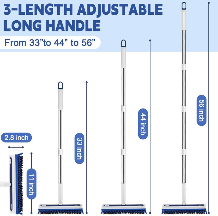 4-in-1 Floor Scrub Brush with Long Handle V-Shaped Crevice Brush Floor Scrubber Mop with Squeegee and Tweezer for Cleaning Gap Tile Bathroom Kitchen Patio Deck Garage