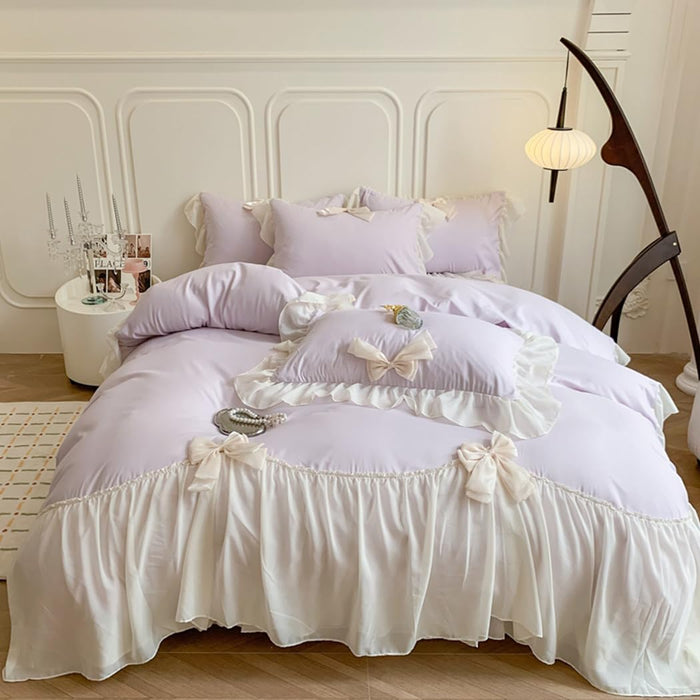 Ruffled Bedding Bow Duvet Cover Set with Butterfly Tie, Full Comforter Cover Set, Shabby Chic Bedding Set,Romantic French Princess Style -Yellow,Full