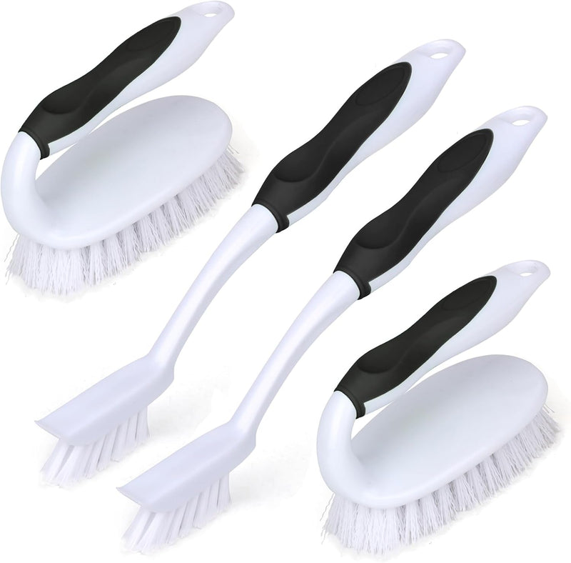 Scrub Brush Set, 4 Pack Deep Cleaning Brush Kit - 2 Scrub Brush, 2 Tile & Grout Brush with Built-in Scraper, Household Commercial Scrubber for Floor, Shower, Pool Wall, Tub (Blue)