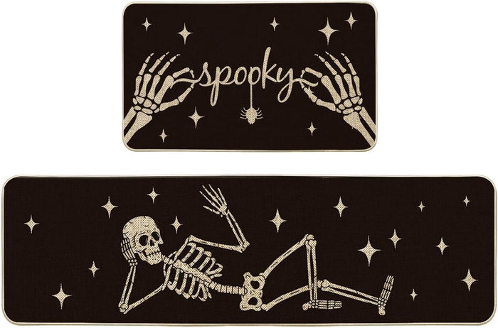 Artoid Mode Spooky Skeleton Spider Bone Black Halloween Kitchen Mats Set of 2, Black Home Decor Low-Profile Kitchen Rugs for Floor - 17x29 and 17x47 Inch