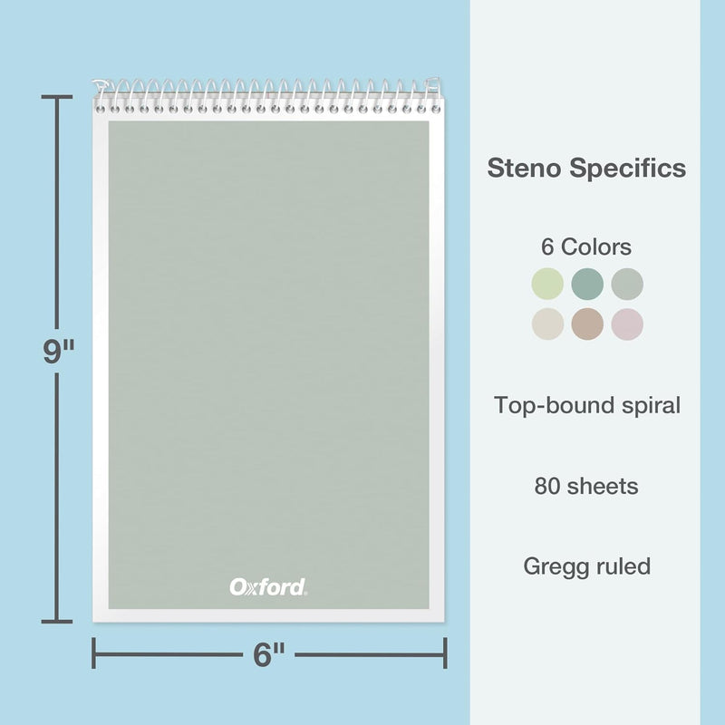 Oxford Steno Spiral Notebooks, Top Bound Steno Pads, 6x9 Inches, Gregg Ruled for Lists, White Paper, Asst. Neutral Covers, 80 Sheets, 6 Pack (1007113)