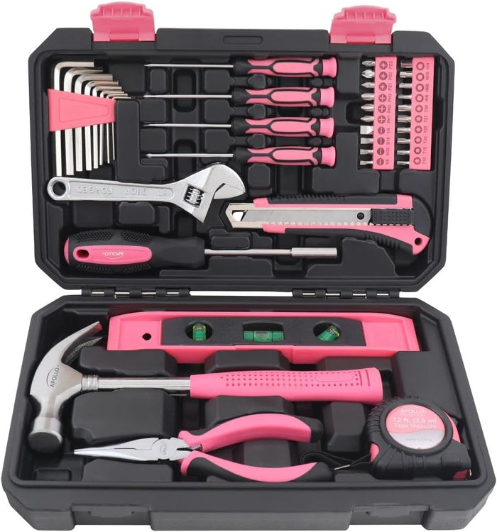 Apollo Tools 135 Piece Household Pink Hand Tools Set with Pivoting Dual-Angle 3.6 V Lithium-Ion Cordless Screwdriver - DT0773N1