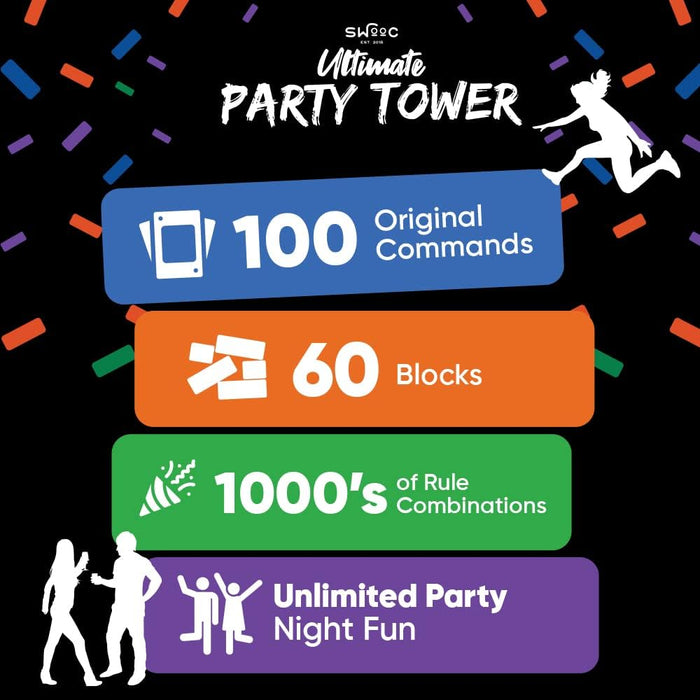 SWOOC Games - Ultimate Party Tower™ - 100 Original Commands, 60 Blocks, & 1000s of Hilarious Rule Combinations - A Tipsy Spin on Fun Classic Games for Power Hour - Ages 21+ - Wooden Tower Blocks Game