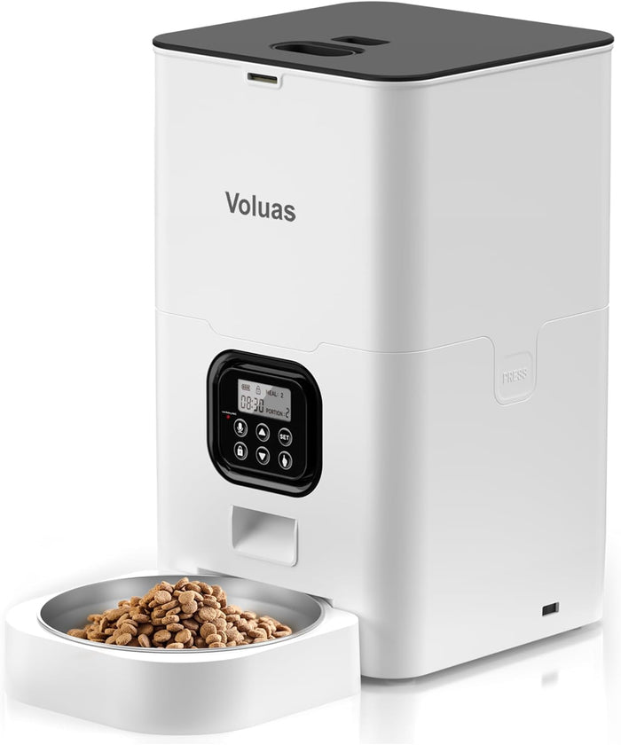 VOLUAS Automatic Cat Feeder – 4L Timed Cat Dry Food Dispenser with Voice Recorder, Dual Power Supply, Programmable Portion Control, Desiccant Bag, Auto Pet Feeder for Cats and Dogs