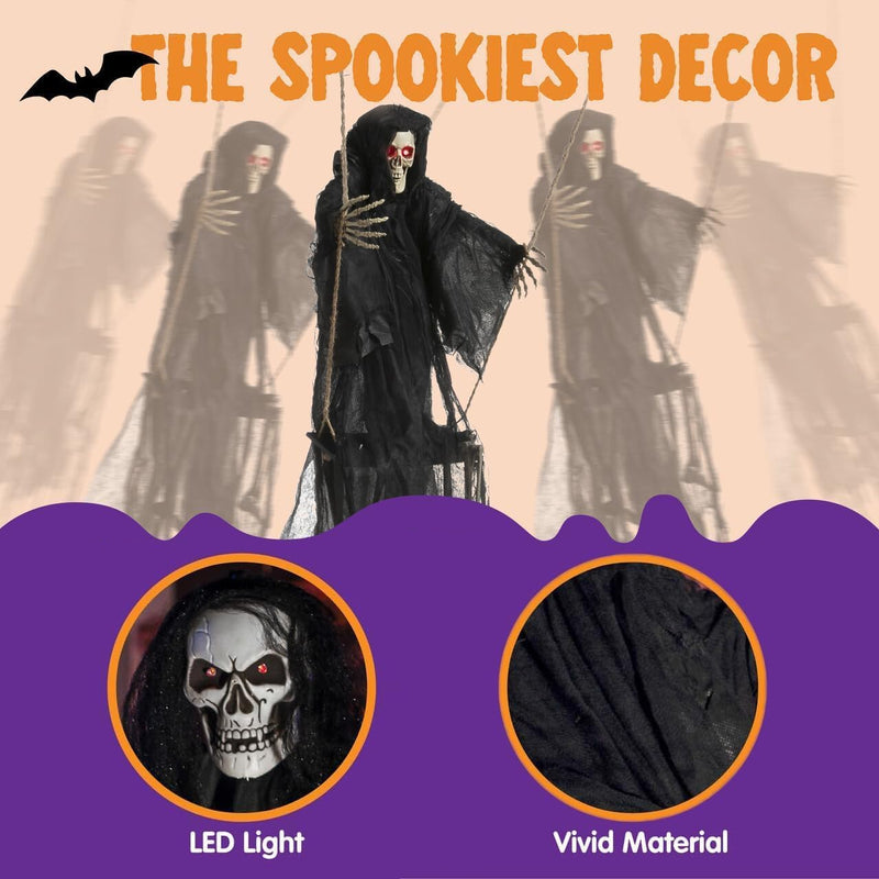 JOYIN Halloween Scary Decorations Outdoor, 2 Packs Halloween Hanging Swinging Ghosts Decor with Lighted Up Eyes, Creepy Swinging Skeleton Flying Props for Yard Patio Lawn Garden