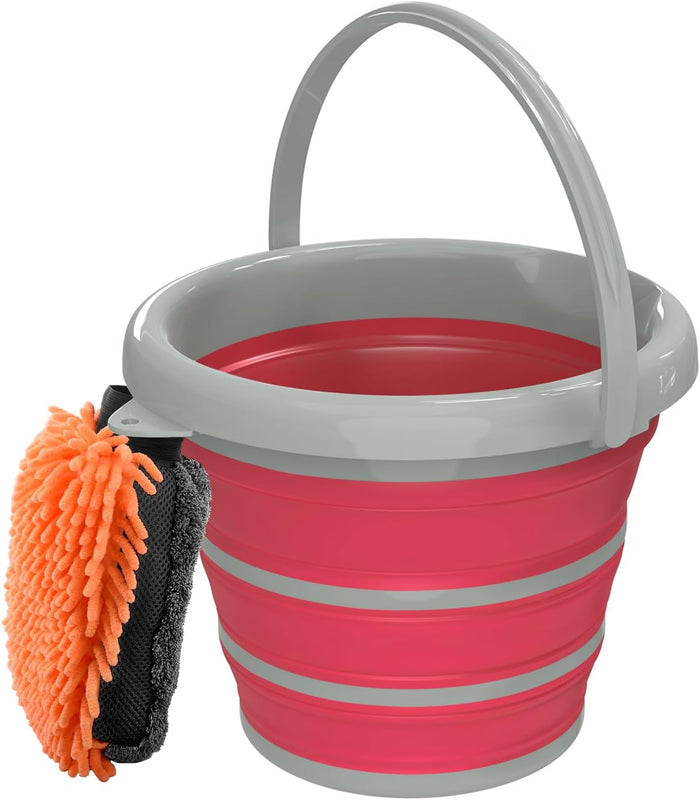 Collapsible Wash Bucket with Microfiber Mitt, 10L (2.6 Gallon) Portable Collapsiblle Buckett with Handle for Car Wash Household Cleaning, Multiuse Collapsibles Water Bucket and Car wash mitt - Grey