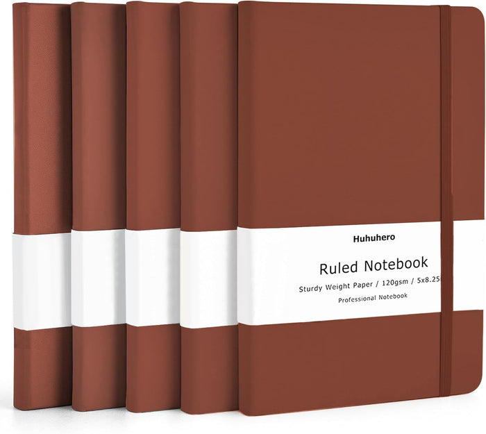 Huhuhero Lined Journal Notebook, 5 Pack Black Hardcover Notebooks for Work Women Men, 120Gsm Thick Paper Leather Journals for Writing Note Taking Business, Journaling School Supplies 5"×8.25"