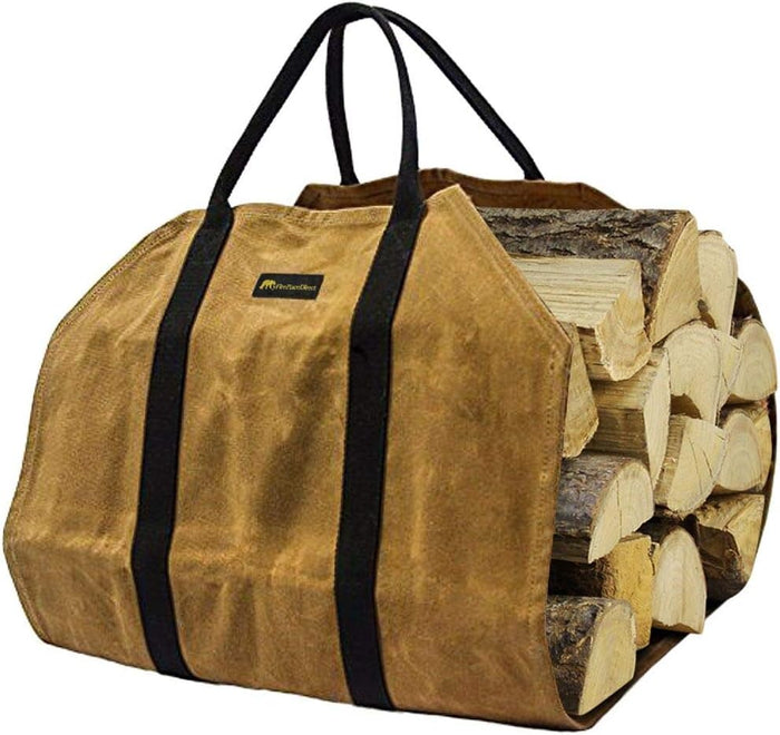 Waxed Canvas Log Carrier Tote Bag, Extra Large Durable Firewood Holder with Handles and Shoulder Strap, Heavy Duty Wood Carrying Bag for Fireplaces & Wood Stoves Khaki