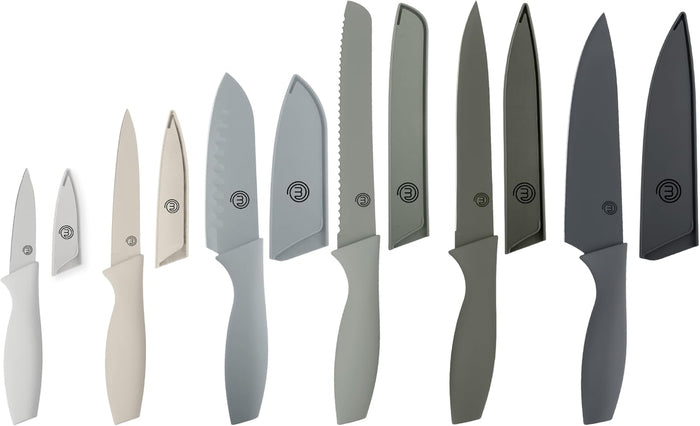 MasterChef Knife Set with Block, 6 Kitchen Knives and a Universal Knife Holder, Extra Sharp Stainless Steel Blades for Precise Cutting with Non Stick Coating & Soft Touch Easy Grip Handles, Black