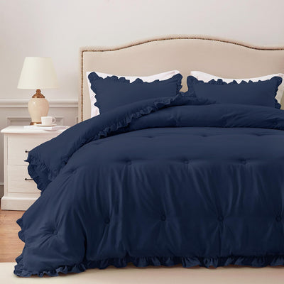 HARBOREST Queen Comforter - Navy Ruffle Comforter for Queen Size Bed, Fluffy Comforter Set for All Seasons, 3 Pieces Shabby Chic Bedding Set(1 Comforter & 2 Pillow Shams)