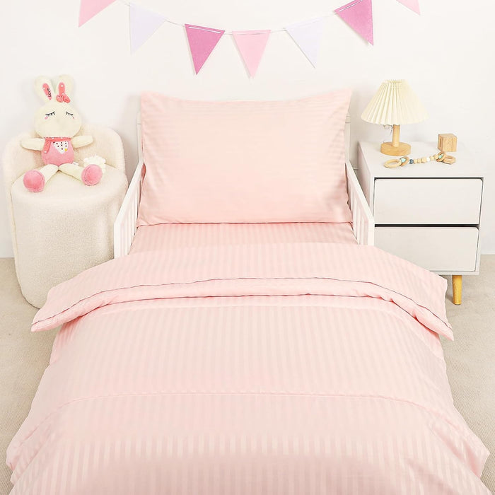 Toddler Bedding Set for Girls, 4 Piece Rainbow Toddler Girl Bedding Set, Super Soft & Lightweight Toddler Comforter Set Includes Comforter, Flat Sheet, Fitted Sheet, Pillowcase (Pink)