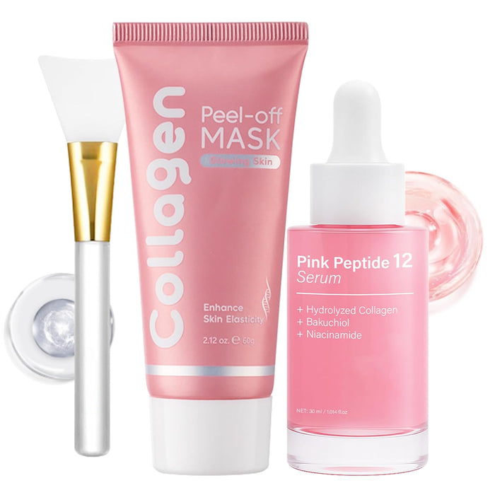 Collagen Face Mask + Peptides & PDRN Plumping Serum, Overnight Hydrolyzed Collagen Peel-Off Mask, Skincare Set wth Niacinamide, Even Skin Tone, Repair & Firm Skin, Reduce Redness (1 Set)
