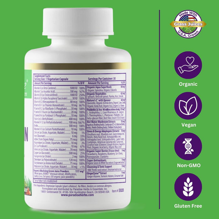 Paradise Herbs Earth's Blend Women's Once Daily Multivitamin with Iron, 48 Organic Superfoods, Probiotics, Antioxidants, Vitamins A, B12, C, D, K2, Daily Superfood, 30 Capsules