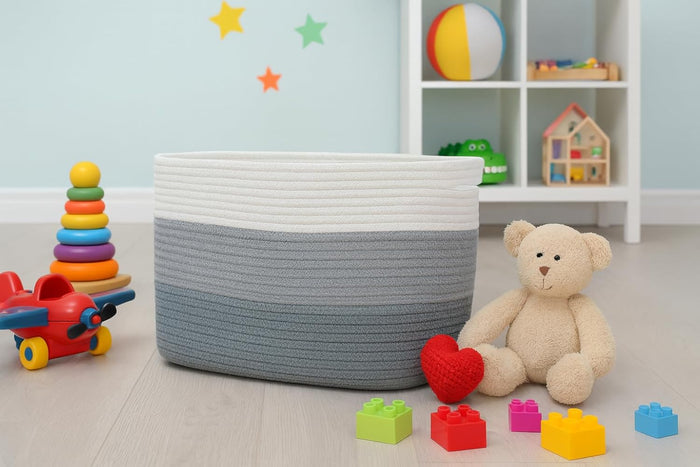 Basket, Set of 2 Medium Cotton Rope 15.3"x 9.8"x9.6" Woven Storage Basket for Baby Laundry, Blankets & Toys, Deco Rope Basket with Side Handle Slots for Nursery, Bedroom & Home Organization - Set of 2