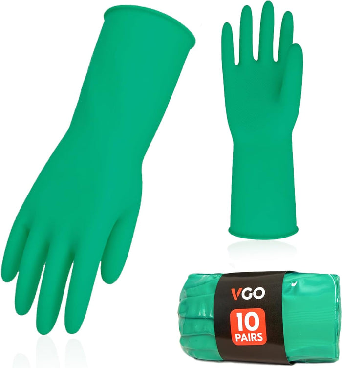Vgo... 2-Pairs Reusable Household Gloves, Rubber Dishwashing gloves, Extra Thickness, Long Sleeves, Kitchen Cleaning, Working, Painting, Gardening, Pet Care (Size M, Green, HH4601)