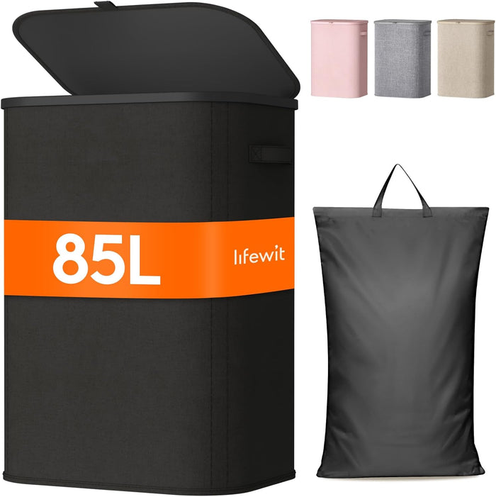 Lifewit 105L Laundry Basket with Lid, Large Laundry Hamper with Plastic Handles and Removable Bag, Foldable Tall Dirty Clothes Hampers for Laundry for Laundry Room, Bedroom, Bathroom, Dorm, Beige