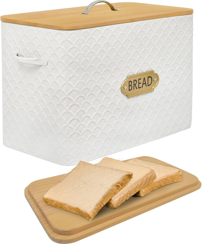 Vertical Stripes Extra Large Space Saving Farmhouse Bread Box with Wood Lid - Holds 2 Loaves - White Vertical Breadbox Bread Storage Bin Holder for Kitchen Countertop