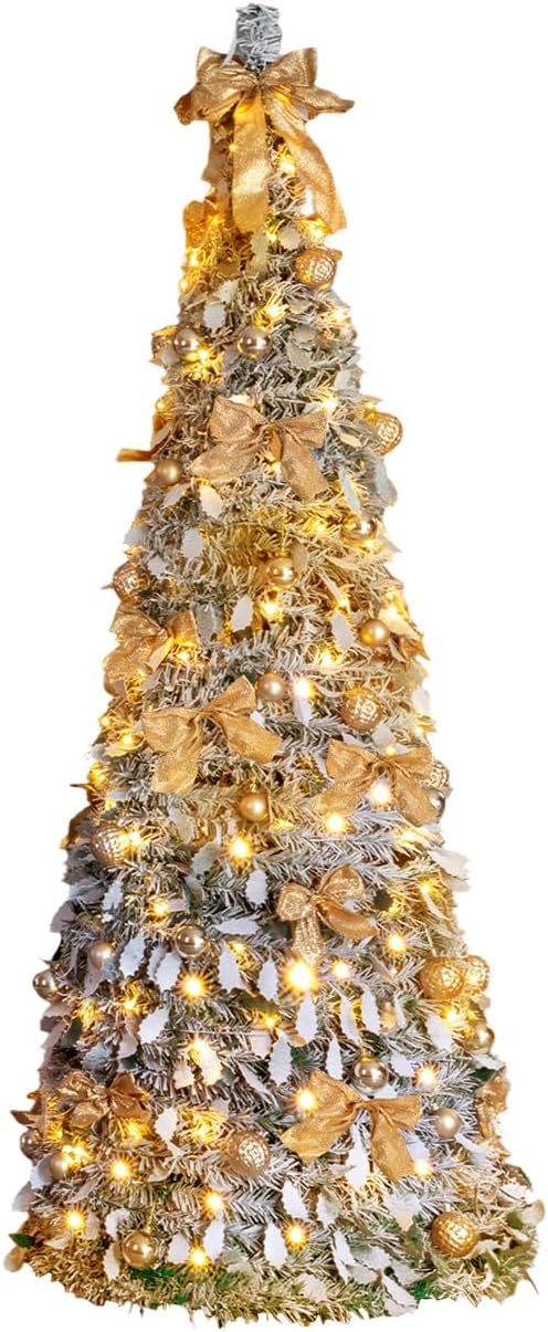 VINGLI 6ft Pre lit Pop Up Christmas Tree with Lights, Pre-Decorated Artificial Pencil Xmas Tree Collapsible Christmas Tree Holiday Party Decorations (Red&Gold)