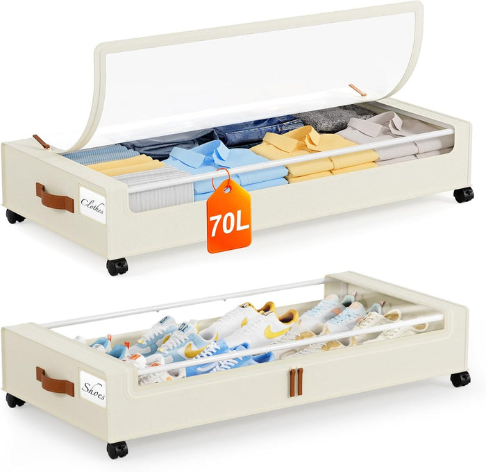 Yecaye Under Bed Storage with Wheels, 2Pack Under Bed Storage Containers, Underbed Shoe Storage Organizer, Rolling Under Bed Metal Drawers for Clothes, Blankets(30.71 x 16.93 x 6.69 in)
