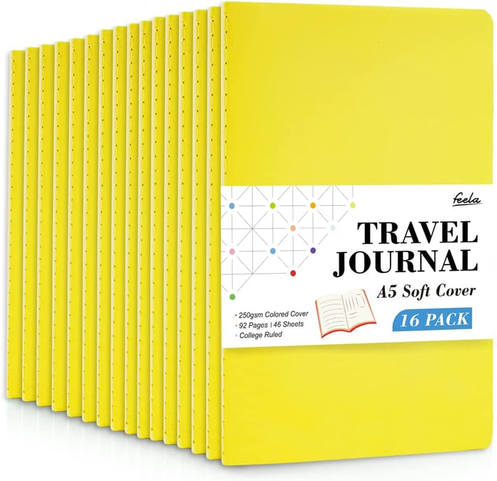 16 Pack Soft Cover Journal Bulk, Feela Lined Notebooks College Ruled for Work for Women Girl Writing, Blank Travel Journal Note Taking Notebook School Business Supplies, 8.2” x 5.5”, A5, Lemon Yellow