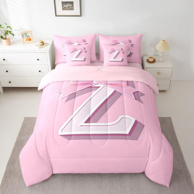 jejeloiu Dreamy Bow Bed Set, Personalized Teen Girl Gifts,Twin Size, Decor Initial Letter Z 7 Pieces Beeding Set, Monogrammed Ultra Soft Bed in a Bag with Comforter, Sheets, Pillowcases Kawaii