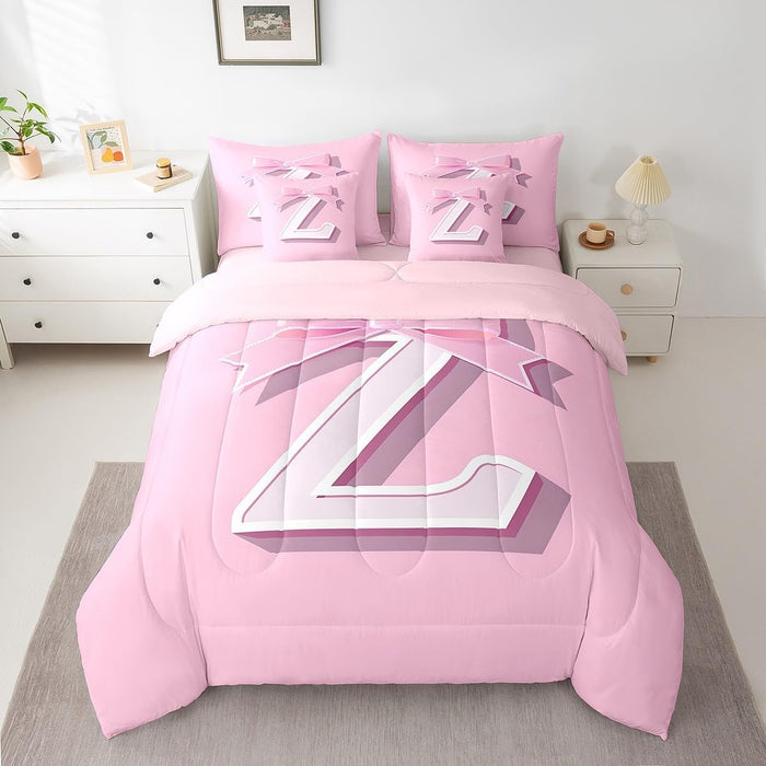 jejeloiu Dreamy Bow Bed Set, Personalized Teen Girl Gifts,Twin Size, Decor Initial Letter Z 7 Pieces Beeding Set, Monogrammed Ultra Soft Bed in a Bag with Comforter, Sheets, Pillowcases Kawaii