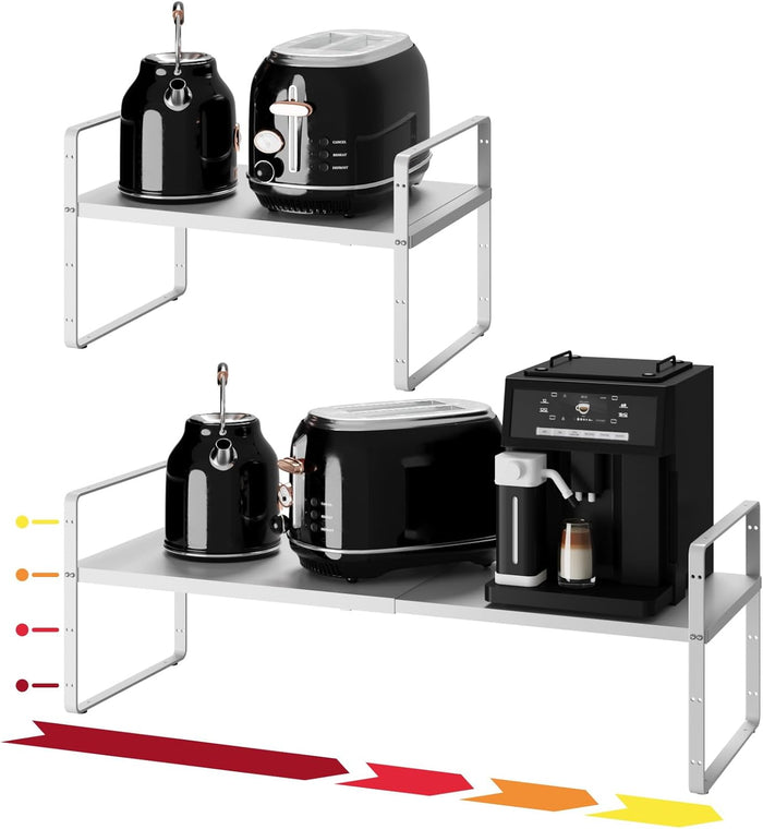 16.5~27.1" Expandable Shelf Organizer, 2Pack 8.1" Wide Stackable Cabinet Shelf Organizers, White Metal Sturdy Kitchen Counter Storage for Countertop, Adjustable Height Spice Rack