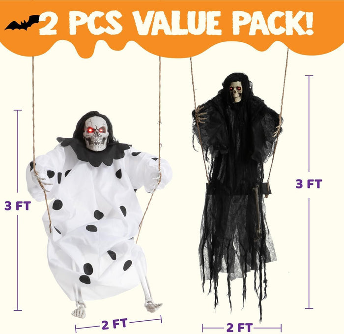 JOYIN Halloween Scary Decorations Outdoor, 2 Packs Halloween Hanging Swinging Ghosts Decor with Lighted Up Eyes, Creepy Swinging Skeleton Flying Props for Yard Patio Lawn Garden