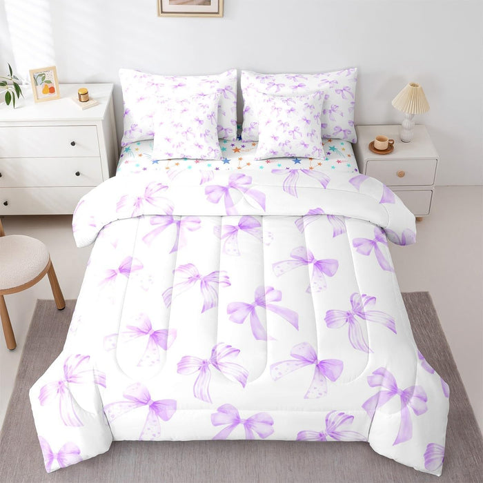 Feelyou Pink Bow Bed Set for Kids Boys Girls Full Size Cute Dreamy Princess Style 7 Pieces Beeding Set Ultra Soft Bow Pattern Bed in a Bag with Comforter, Sheets, Pillowcases Bowknot Room Decor