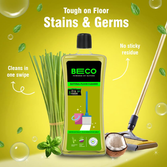 Beco Natural Disinfectant Surface & Floor Cleaning Liquid | 5 Litre | Non Toxic Germ Kill Formula | Lemongrass & Basil Freshness | Safer than Phenyl | Kids Safe & Pet Friendly Floor Cleaner Liquid