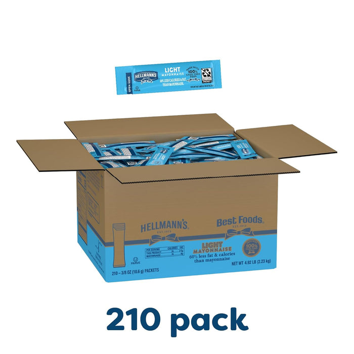 Hellmann's Light Mayonnaise Stick Packets Easy Open, Condiment for Sandwiches, Salads, Mayo Made with 100% Cage Free Eggs, Gluten Free, 0.38 oz, Pack of 210