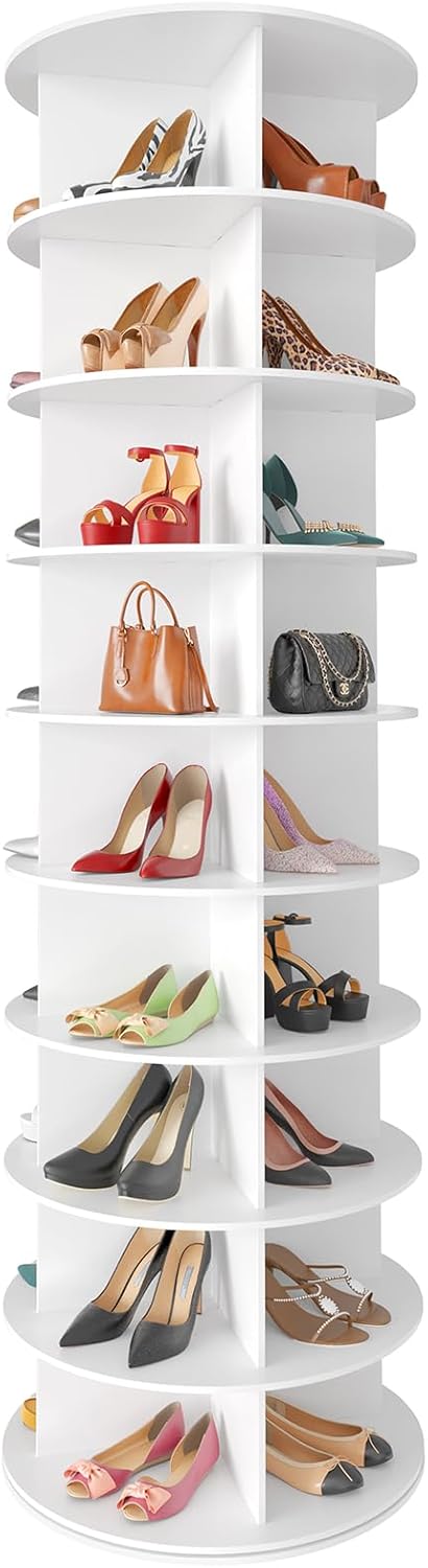 SpaceAid 7 Tier Rotating Shoe Rack Tower, Spinning Shoe Display Lazy Susan, Revolving 360 Shoe Rack Storage Round Carousel, Vertical Handbag Rotate Shoes Closet Organization (7-Tier White)