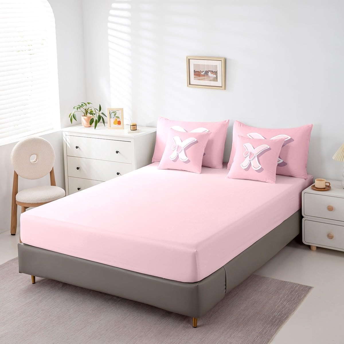 jejeloiu Dreamy Bow Bed Set, Twin Size, Decor Teen Girl Gifts Initial Letter X 7 Pieces Beeding Set, Monogrammed Ultra Soft Bed in a Bag with Comforter, Sheets, Pillowcases Kawaii Pink Fashion