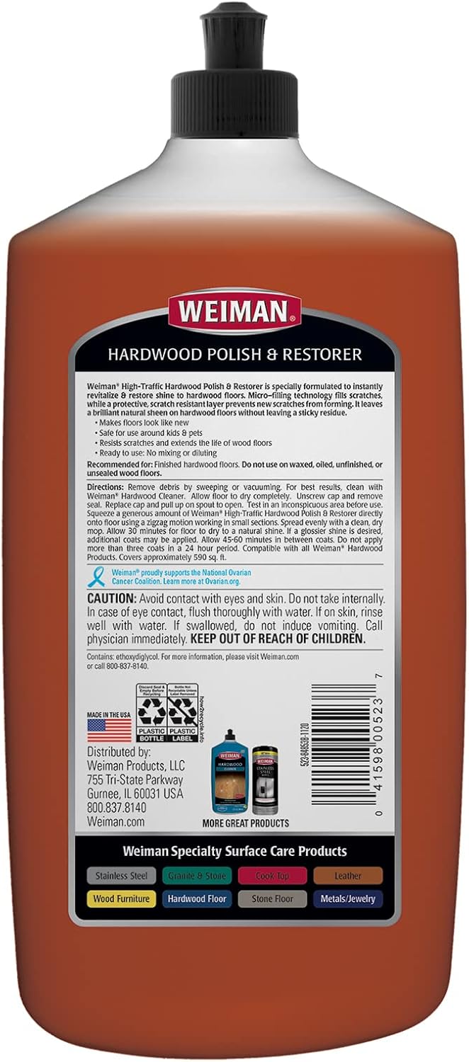Weiman Wood Floor Polish and Restorer - 32 Ounce - High-Traffic Hardwood Floor, Natural Shine, Removes Scratches, Leaves Protective Layer, Packaging May Vary