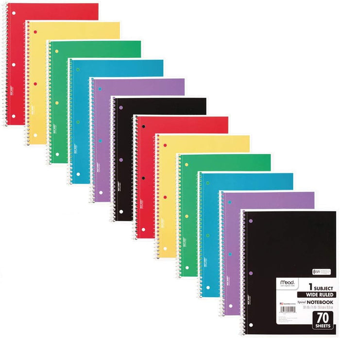 Mead Spiral Notebook, 6 Pack, 1 Subject, Wide Ruled Paper, 7-1/2" x 10-1/2", 70 Sheets per Notebook, Colors Will Vary (930201-ECM25)