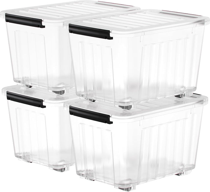 Nazhura 97 Quart Plastic Storage Bin, Stackable and Nestable Storage Boxes with Yellow Lids and Secure Latching Buckles, Large Storage Container (Black/Yellow, 97Quart-4Pack)