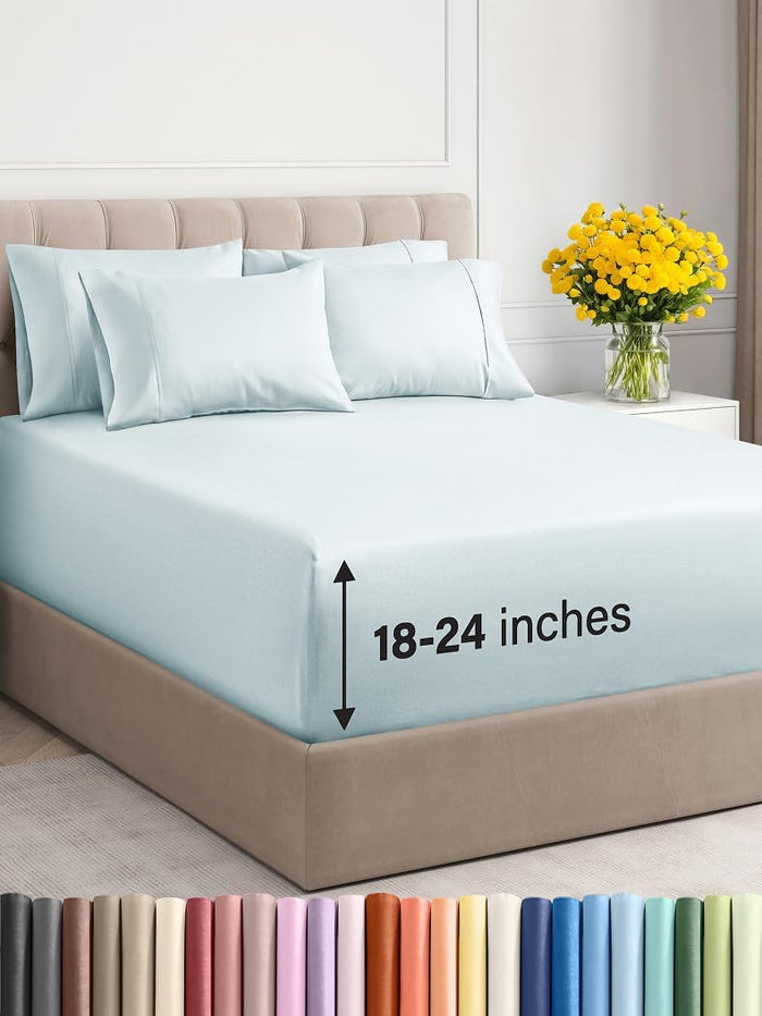 Extra Deep Full Sheet Set - 6 Piece Breathable & Cooling Sheets - Hotel Luxury Bed Sheets Set - Easy & Secure Fit - Soft, Wrinkle Free & Comfy Sheets Set - Light Grey Sheet Set with Extra Deep Pockets