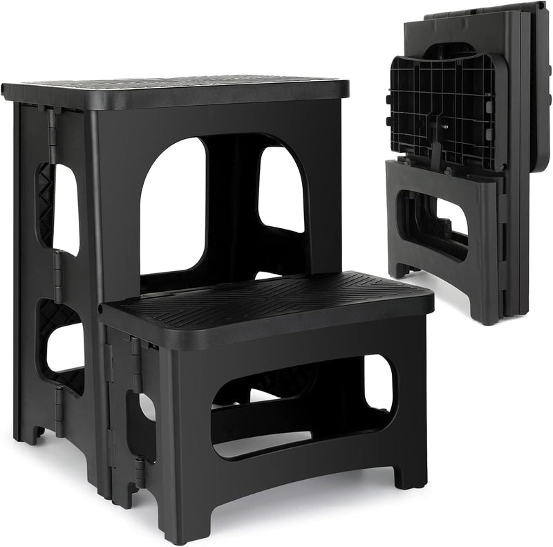 Amoise Folding 2-Step Stool, Non-Slip Portable Footstool 8'' & 17'' Dual Heights, Holds 300 lbs, Portable Footstool for Kitchen Home Toilet Bedroom Office Bathroom RV(Black)