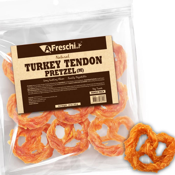AFreschi Turkey Tendons for Dogs, USA-Sourced, Healthy Dog Treats, Rawhide-Free Puppy Chews, Long Lasting, All Natural, Hypoallergenic Dog Treats for Medium Breeds, 20 Count Box Ring (M)