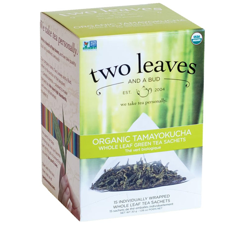 Two Leaves and a Bud Organic Tamayokucha Tea Bags, Whole Leaf Tea in Compostable Sachets, Japanese Green Tea, Light Flavor, 100 Count (Pack of 1)