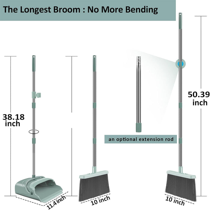 kelamayi Upgrade Broom and Dustpan Set, Large Size and with Long Handle, Upright,Ideal for Indoor Outdoor Garage Kitchen Room Office Lobby Use (Green)