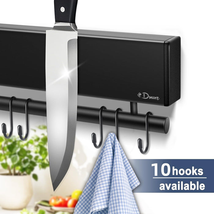Dmore magnetic knife holder for wall—with 10 hooks, No Drilling 17 Inch black knife magnetic strip, Extra Strong Magnet knife rack, include Adhesive Tape and screws for Knives and Tools