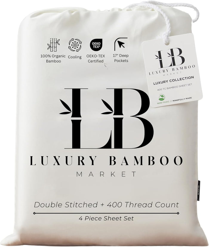 Luxury Bamboo Market | Queen Size Bed Sheet Set | 100% Viscose Made from Bamboo | Organically Grown | Ultra Soft | Cooling Sheets for Hot Sleepers | 17" Deep Pocket [Opulent Ivory]